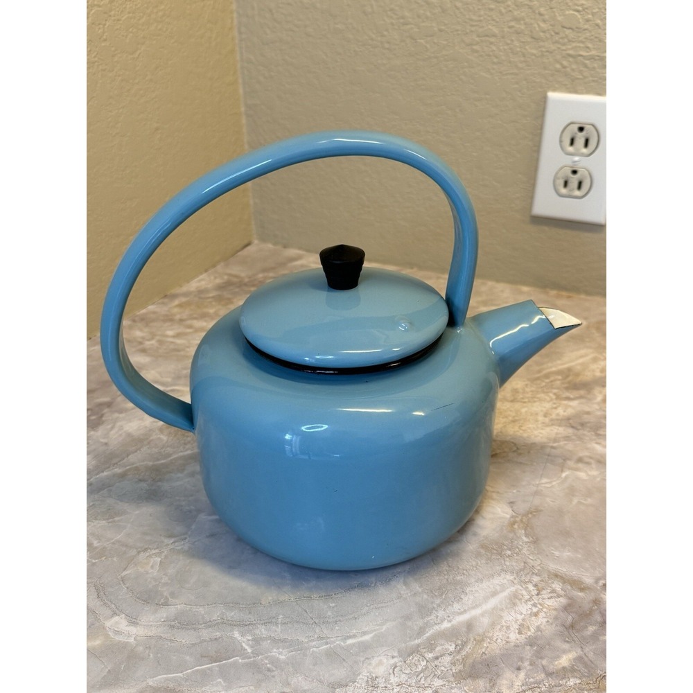 Vintage Blue Enamel Tea Kettle Stovetop Pot Mid Century Farmhouse Decor - Picture 9 of 12
